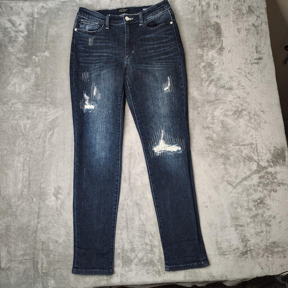 Judy Blue Jeans Womens 30 Blue Boyfriend Dark Wash Distressed Stretch Denim